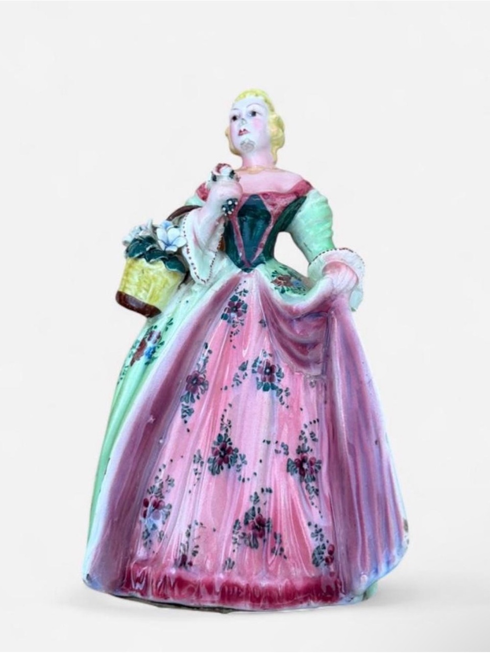 Vintage 1950s Italian Porcelain Victorian Lady Figurine- Pink & Green Floral - Picture 6 of 7